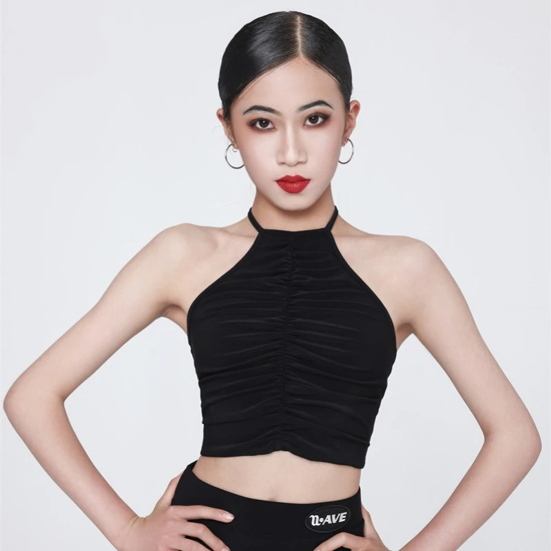未午WAVE少儿分体流苏拉丁舞服国标舞短款挂脖无袖黑色分体流苏