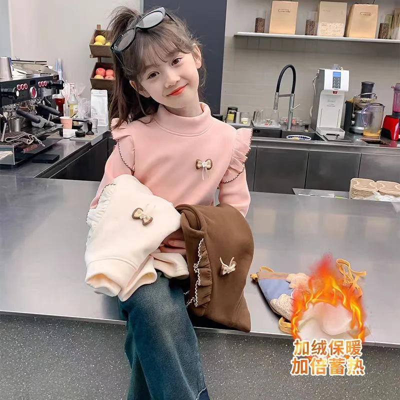 女童秋冬款加绒加厚保暖上衣中小童大童洋气半高领木耳边打底衫