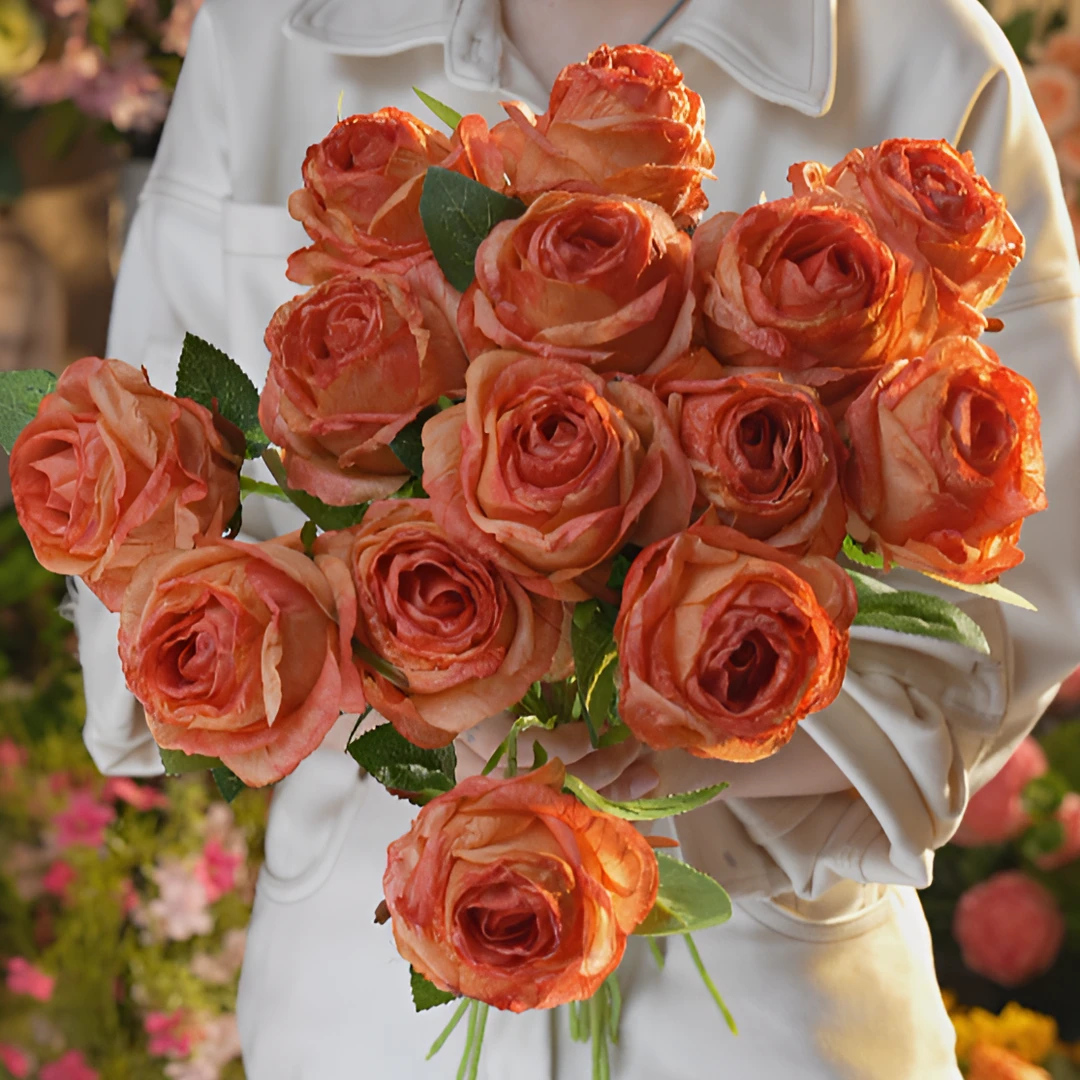 橙色玫瑰花焦边大头丝绢布餐桌花 客厅花家庭装饰仿真花 假花