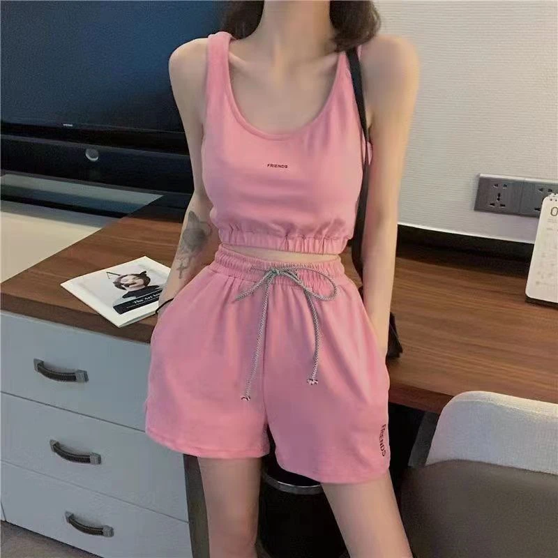 单/套装瑜伽健身跑步运动服装2023夏潮牌背心短裤两件套休闲