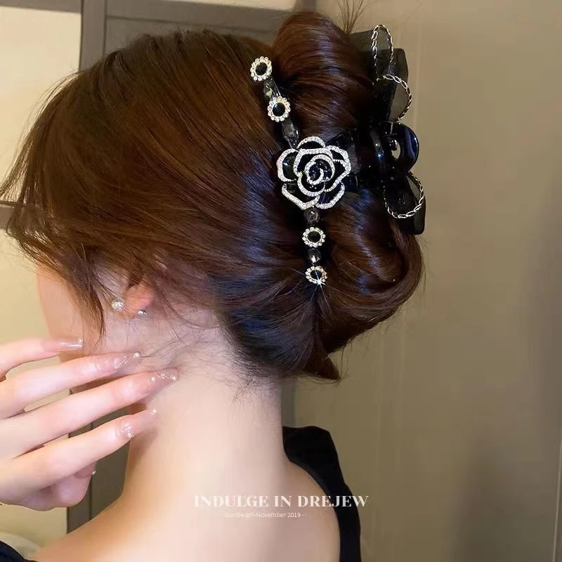 黑色山茶花网纱蝴蝶结发夹大号气质抓夹后脑勺盘发鲨鱼夹发饰女