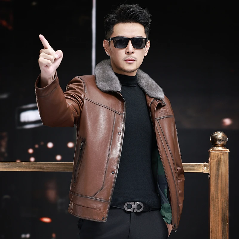 海宁皮衣男真皮羽绒服立翻领山羊皮夹克白鹅绒内胆加厚外套新款潮