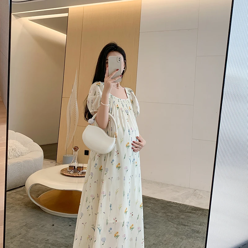 ZMA孕妇装【方领碎花裙】夏装莫奈花园风纯色方领棉新款时尚长裙