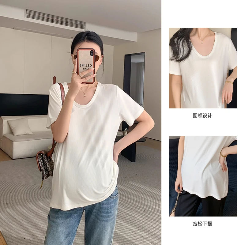ZMA孕妇装【坑条打底】春秋夏装短袖T恤季宽松大码上衣时尚新款圆领