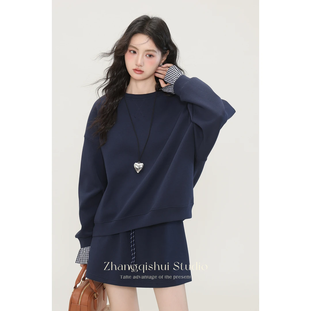 张小小早秋圆领长袖卫衣高腰半身短裙藏青色两件套装女1261