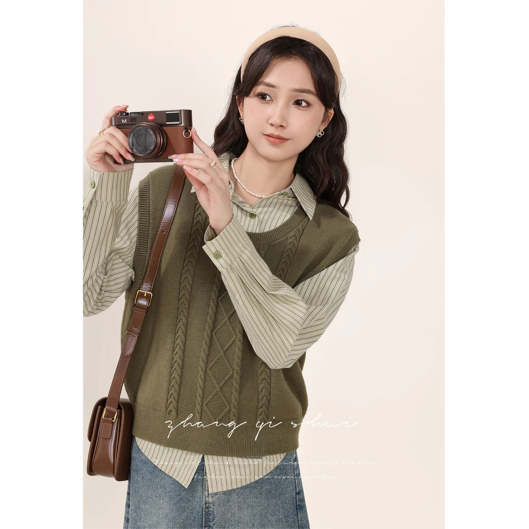 【ZBT直播间】《初秋特调》绿色马甲绿色条纹内搭衬衫两件套LZQS05361