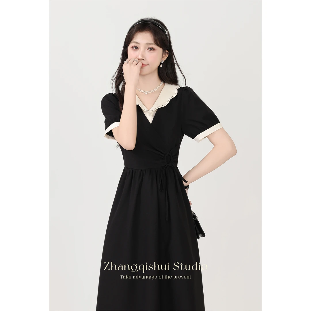 张小小夏季法式黑色拼接连衣长裙女小众设计显瘦短袖裙子NZ07904