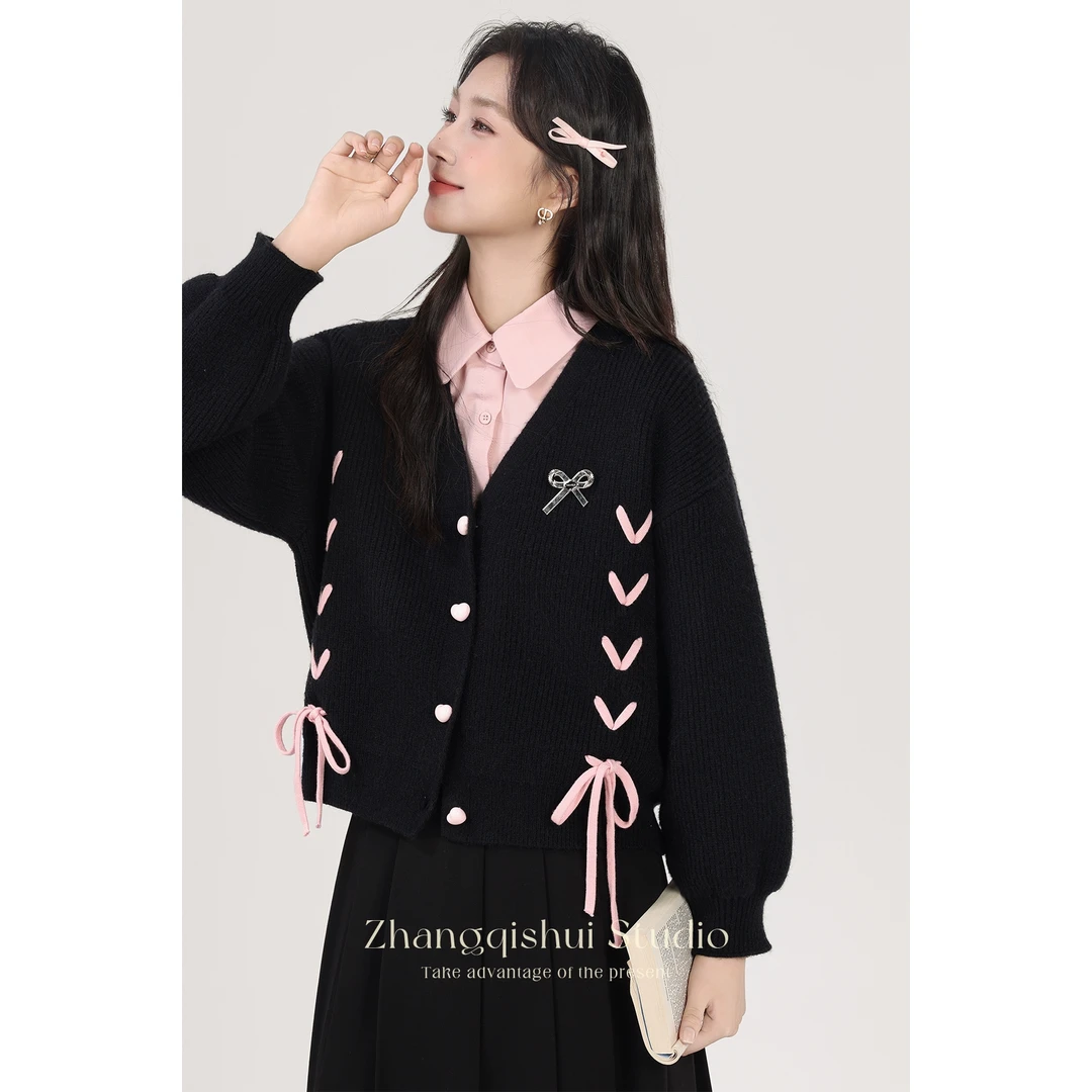 【ZBT直播间】《微醺蜜桃》黑色假两件毛衣女宽松系带长袖上衣Z12514