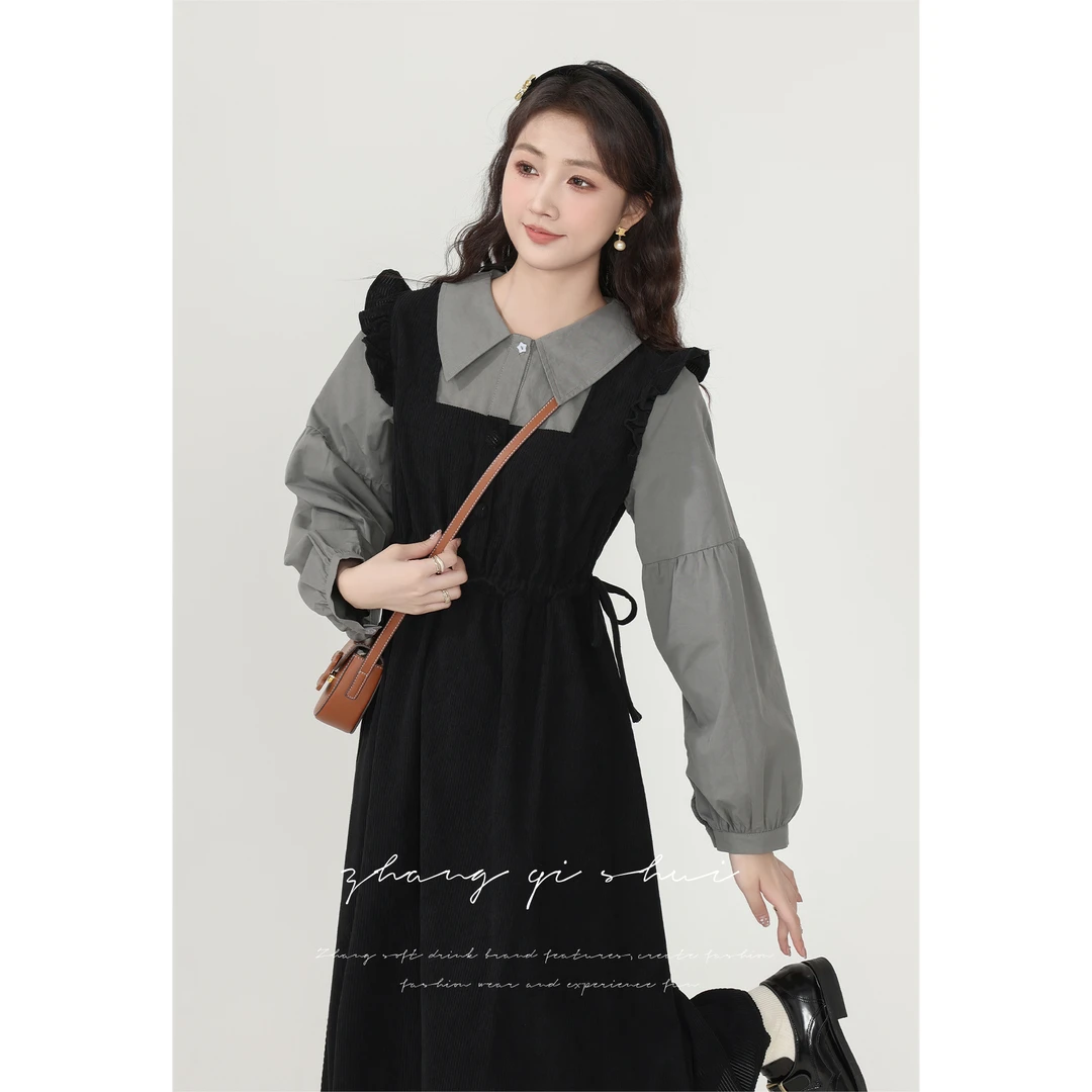 张小小《诗意与悸》秋冬简约黑灰色拼接假两件连衣裙ZQS06119