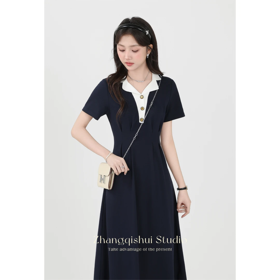 张不甜《墨笔时光》新款法式藏青色连衣裙女翻领收腰显瘦裙Z09520