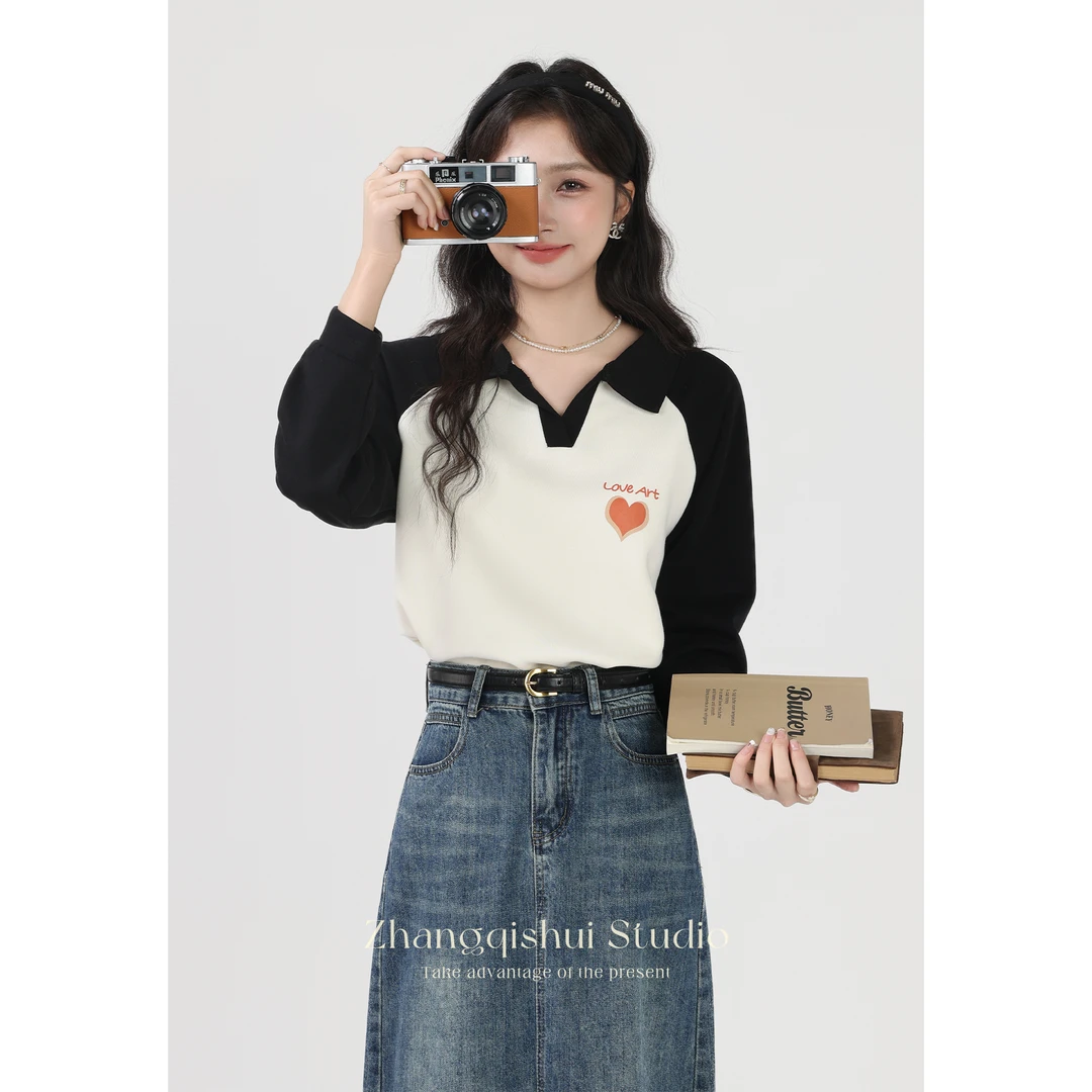 张小小秋季新款polo短款t恤卫衣小众拼接撞色长袖上衣Z11612