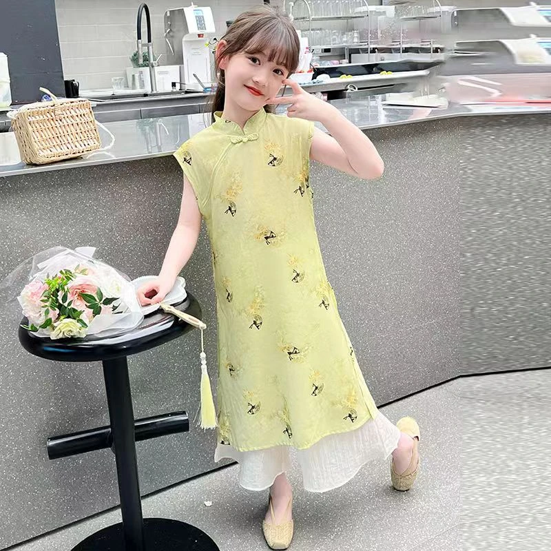 女童夏装国风旗袍套装薄款夏季洋气中大童复古炸街儿童连衣裙裤潮