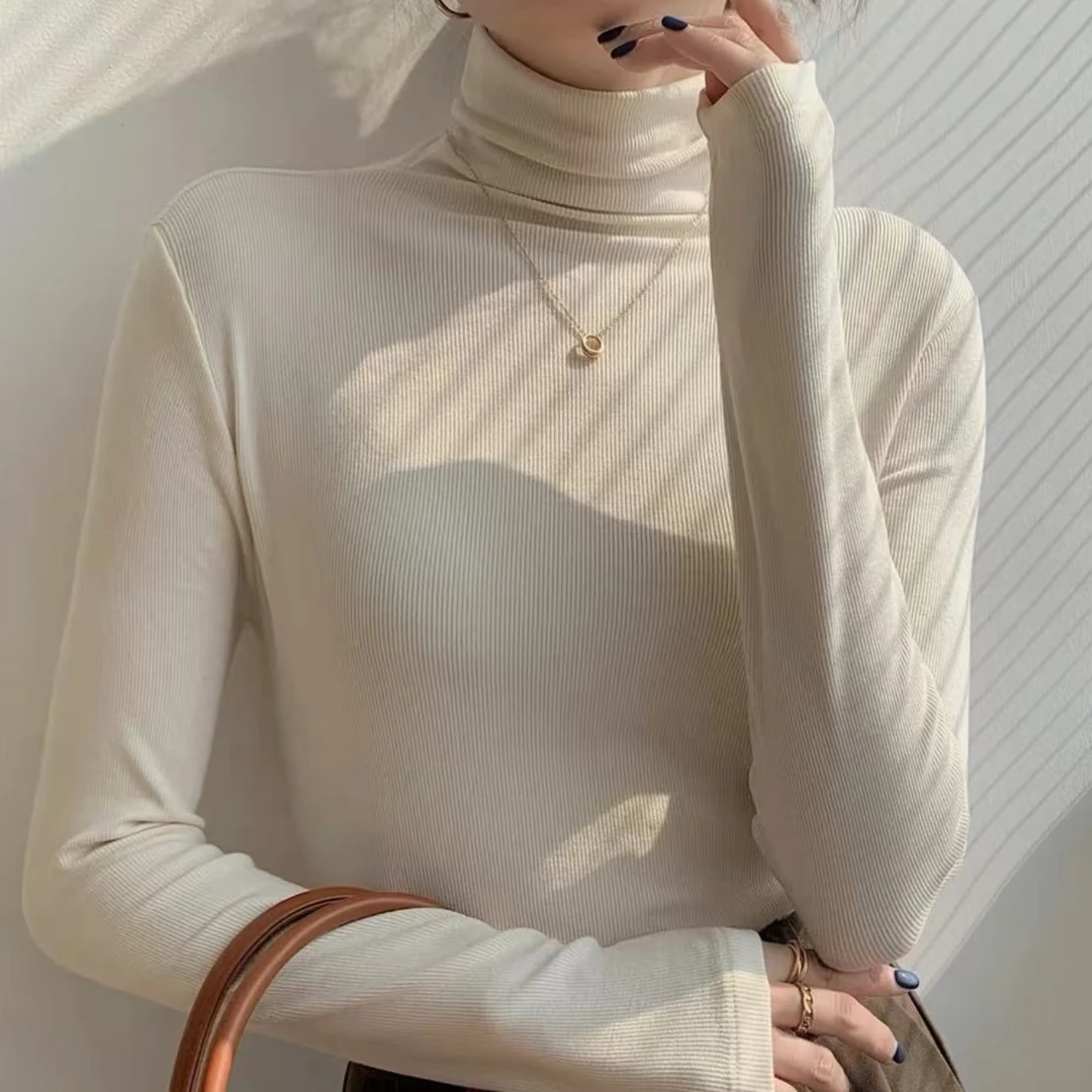 堆堆领高领秋季款法式螺纹棉磨毛绒打底衫百搭长袖2066
