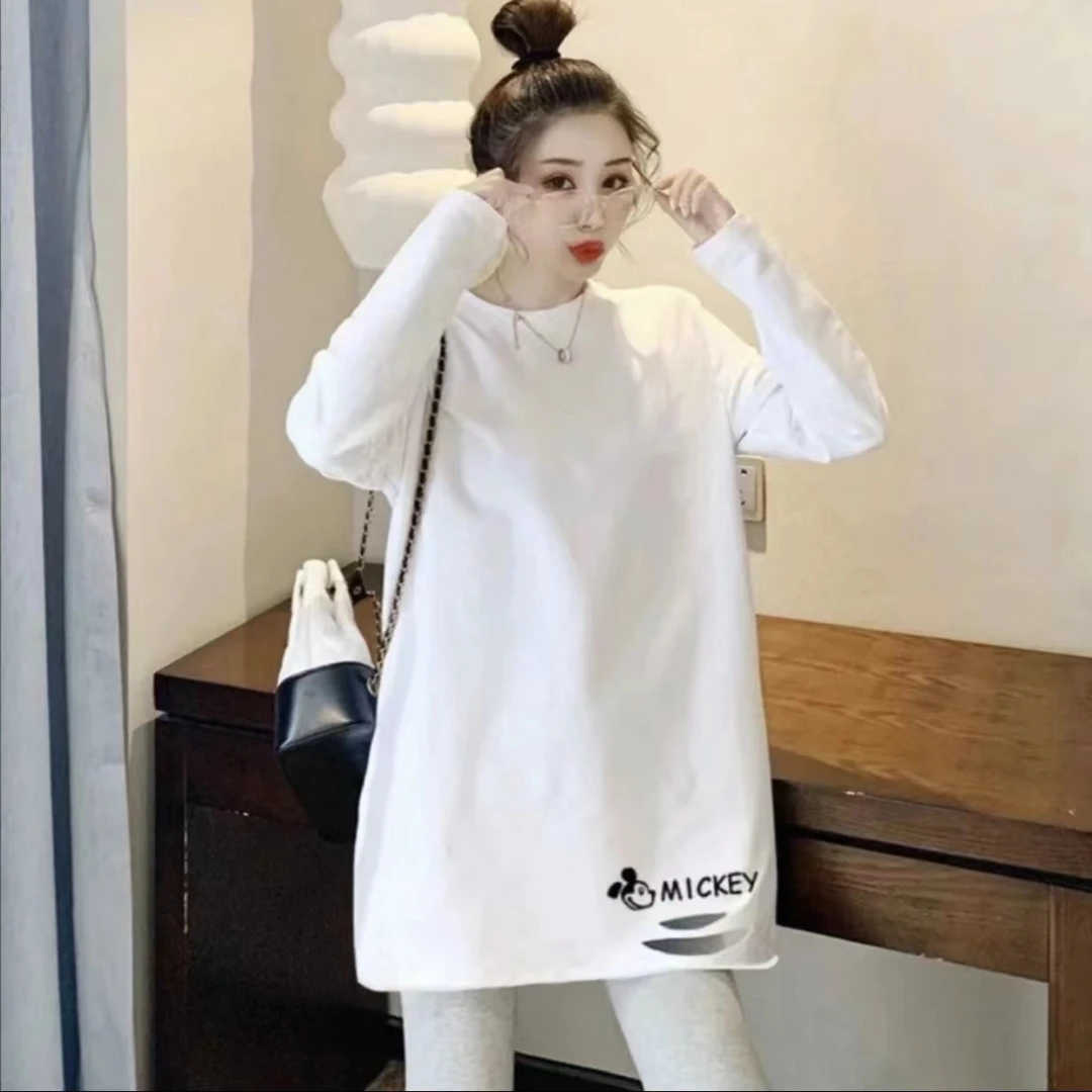 新米奇白色长袖t恤女早秋新款时尚宽松休闲破洞磨毛