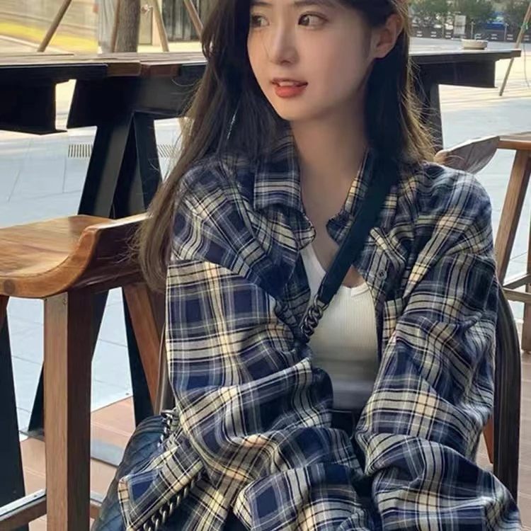 幂式穿搭格子衬衫女慵懒风复古空松衬衫开衫外套长袖上衣上秋款