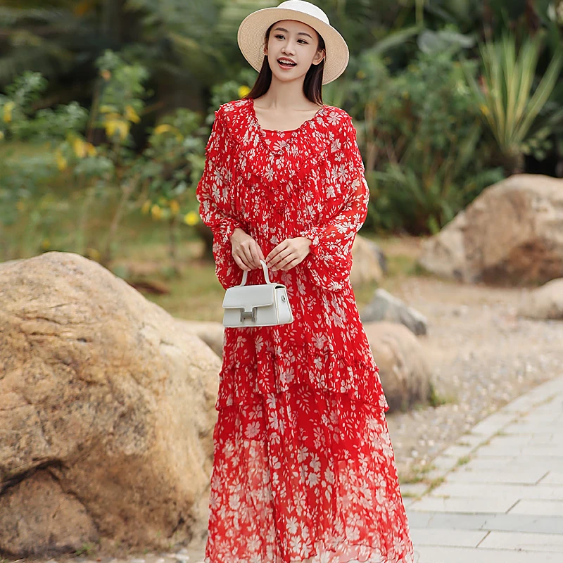 拜占庭的森林印花桑蚕丝连衣裙气质时尚百搭轻盈飘逸收腰真丝裙女