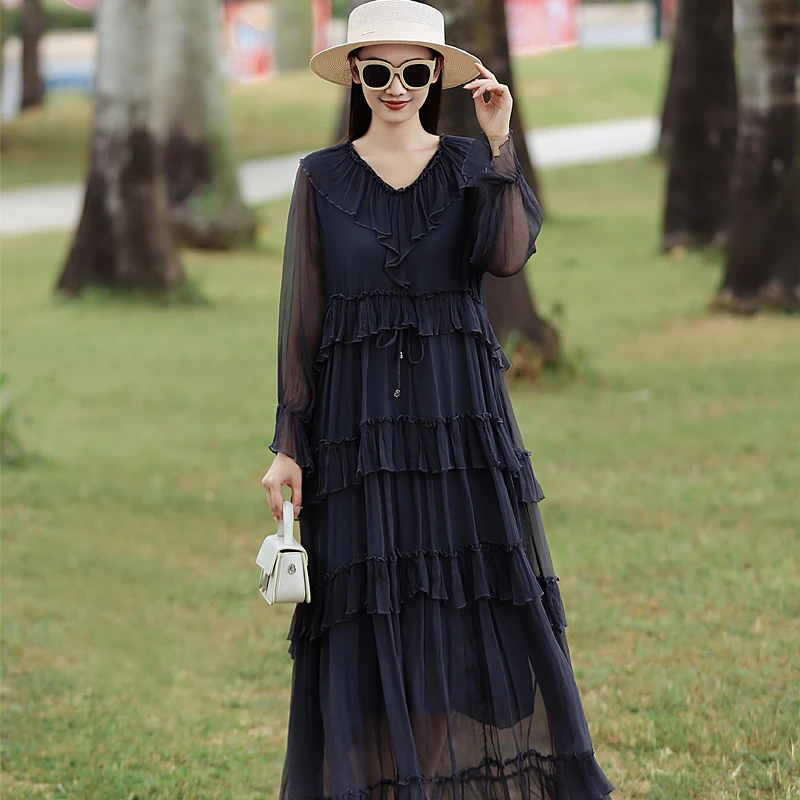 拜占庭的森林福利纯色时尚百搭大气轻奢典雅气质桑蚕丝连衣裙女装