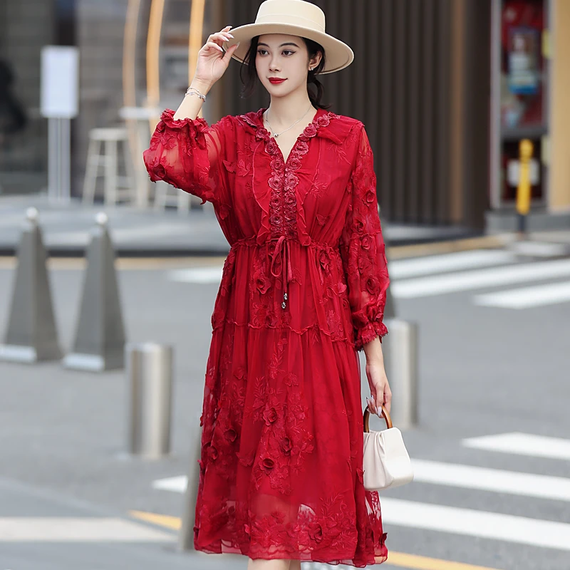 拜占庭的森林红色刺绣气质高档时尚轻奢长袖中长款桑蚕丝连衣裙女