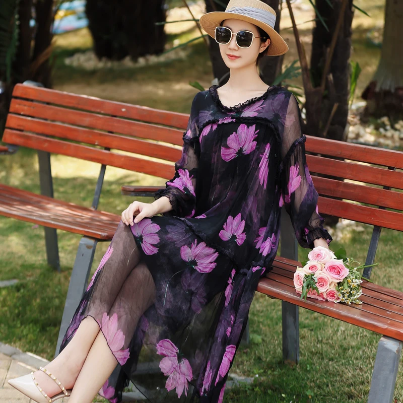 拜占庭的森林桑蚕丝连衣裙女装气质黑色系印花洋气时尚休闲中长款