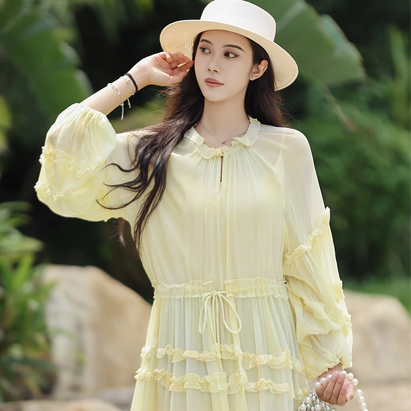 D030桑蚕丝简约纯色连衣裙高贵上档次长袖百搭气质中长裙