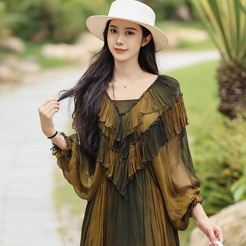 拜占庭的森林印花真丝裙气质时尚百搭轻奢飘逸透气桑蚕丝连衣裙女