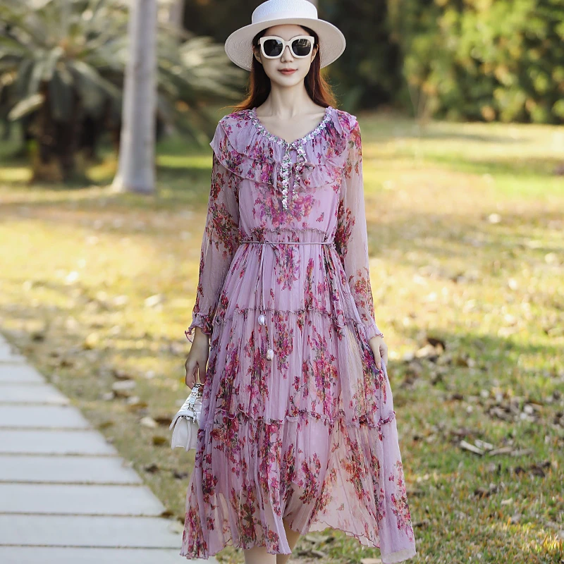 拜占庭的森林桑蚕丝连衣裙女装新款时尚百搭气质印花中长款沙滩裙
