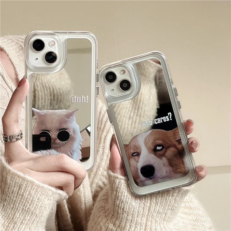 适用苹果系列iPhone14新款手机壳日韩可爱搞怪猫狗动物创意补妆镜