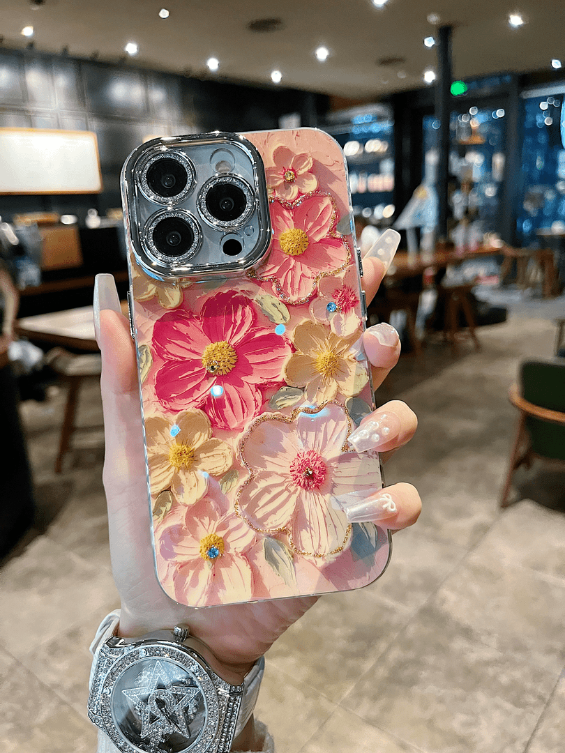 适用苹果系列iPhone15新款手机壳女款浅粉红油画花防摔壳14全包13