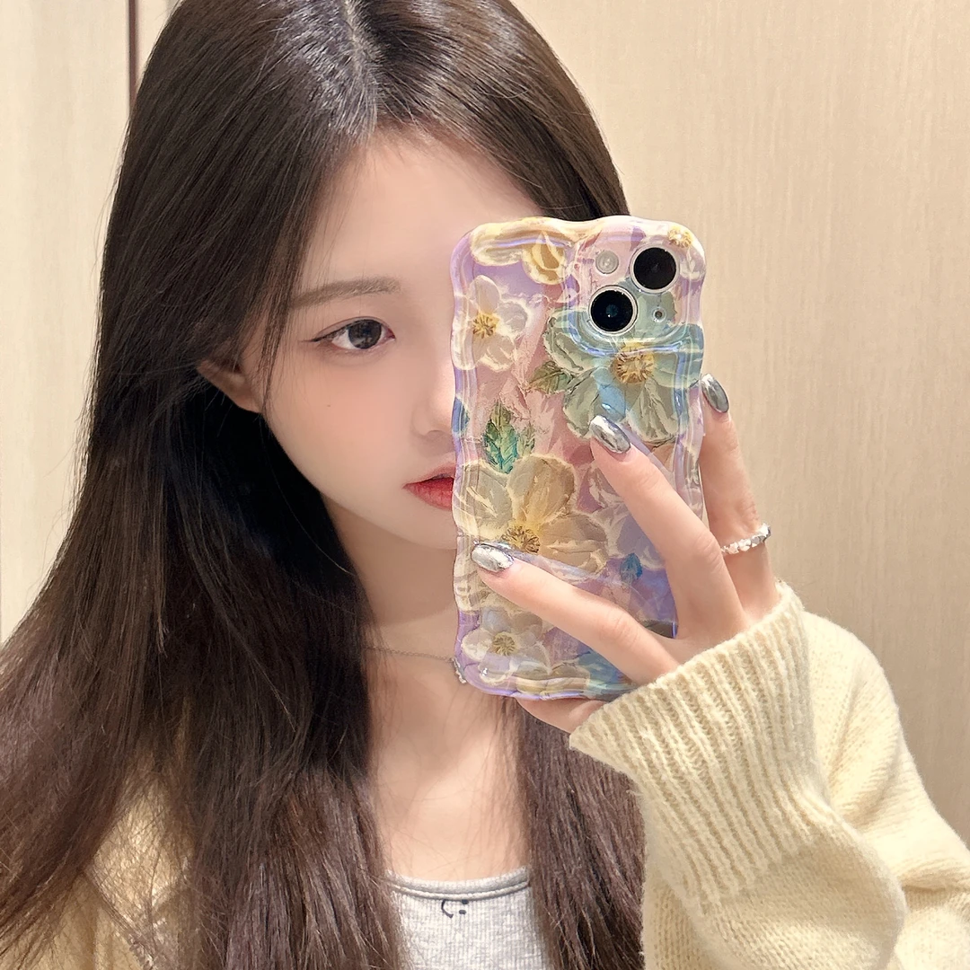 适用苹果系列iPhone14硅胶新款手机壳蓝光油画花朵小众13少女感12