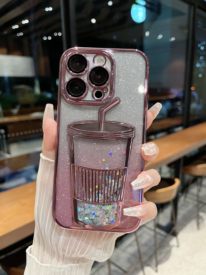 适用苹果系列iPhone15新款手机壳女款ins创意流沙水杯全包防摔14