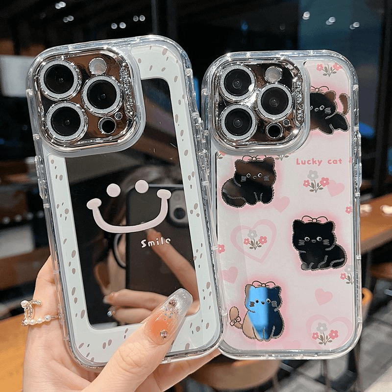 适用苹果系列iPhone15新款手机壳个性创意镜面可爱笑脸全包镜头膜