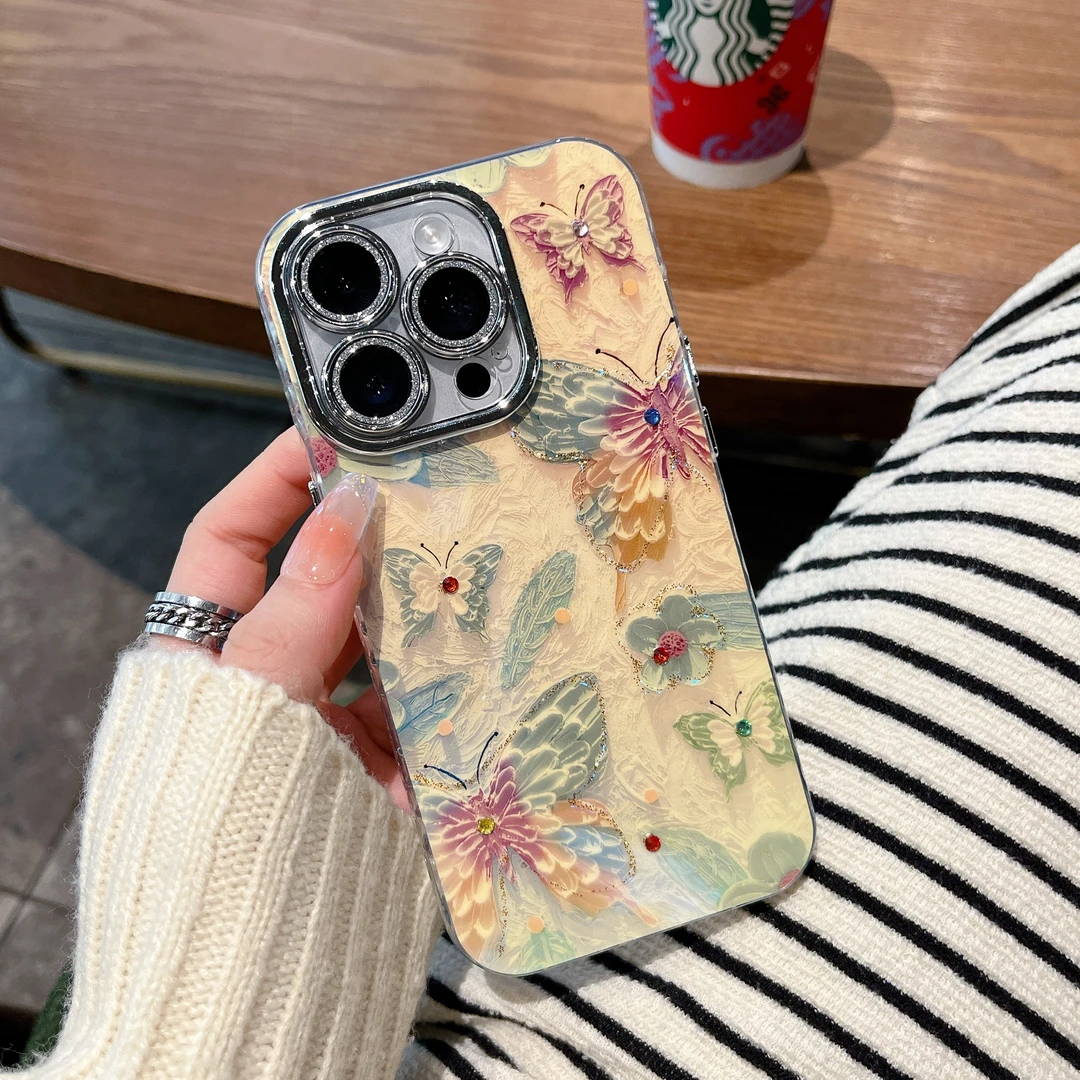 适用苹果系列iPhone15新款手机壳摩卡绿蝴蝶闪粉全包镜头膜14/13