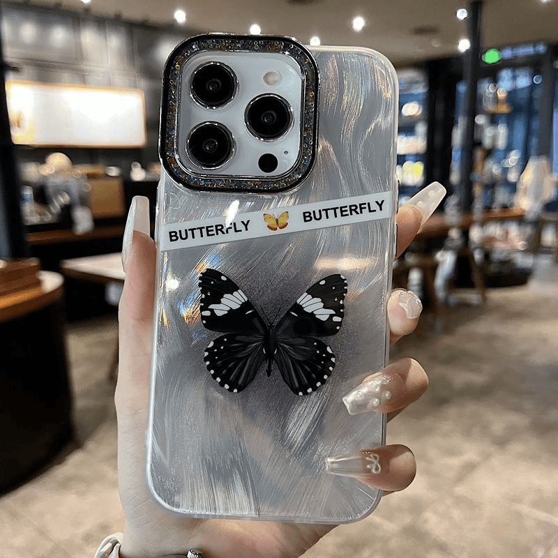 适用苹果系列iPhone15新款手机壳女款高级ins羽纱黑蝴蝶全包防摔