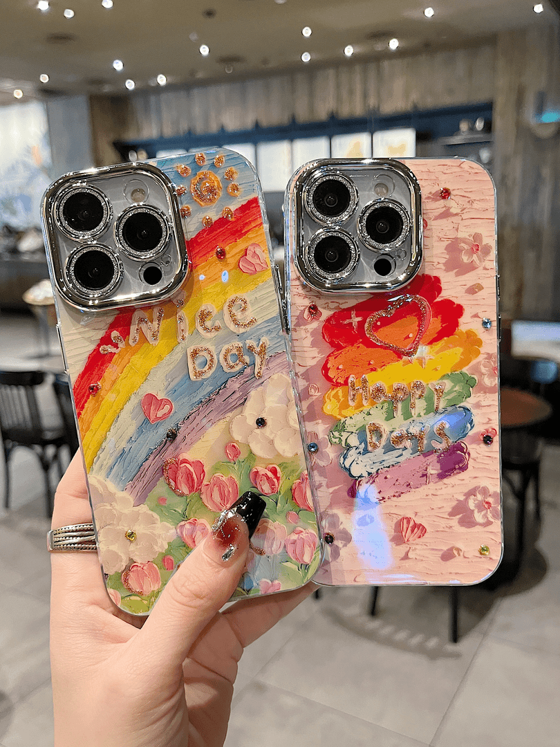 适用苹果系列iPhone15新款手机壳卡通ins涂鸦油画彩虹防摔壳14/13