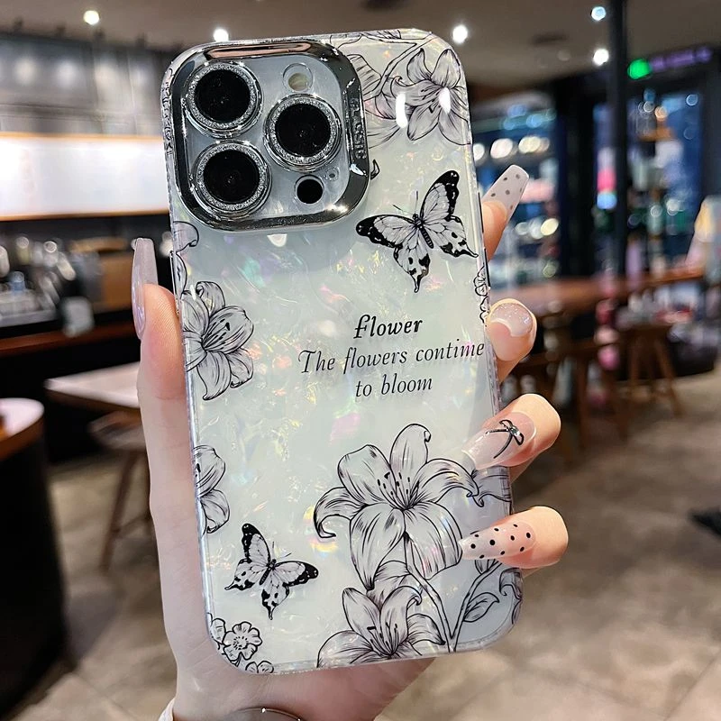 适用苹果系列iPhone15新款手机壳高级女款贝壳百合蝴蝶花全包防摔
