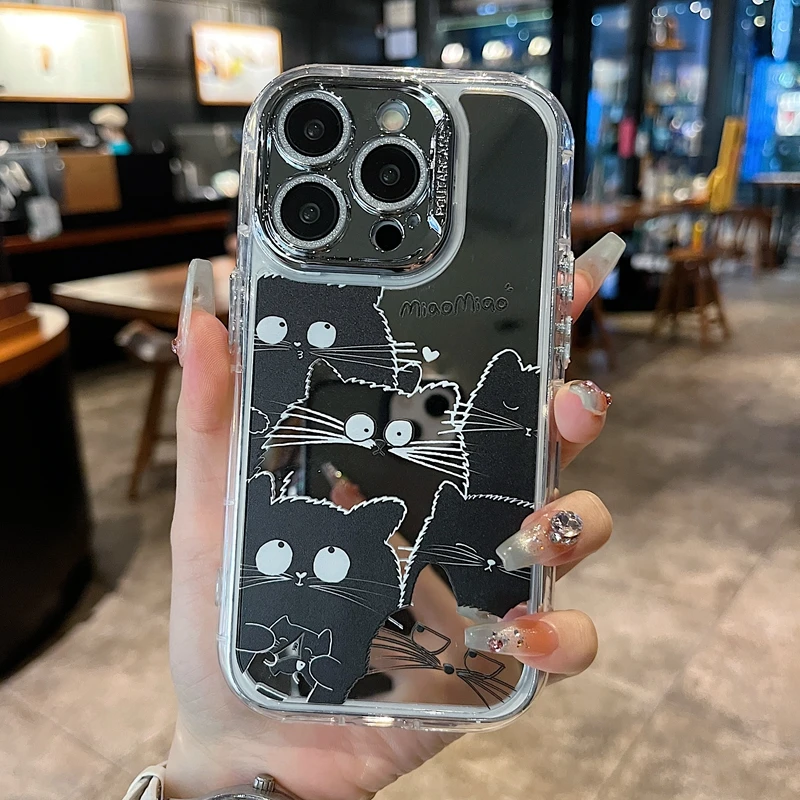 适用苹果系列iPhone15新款手机壳创意精孔镜面叠叠黑猫全包防摔