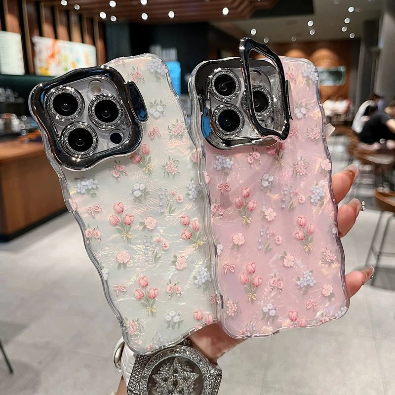 适用苹果华为系列iPhone16新款手机壳ins清新粉底郁金香全包支架