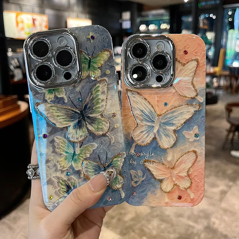 适用苹果华为系列iPhone16新款手机壳女款复古渐变黑蝴蝶全包防摔