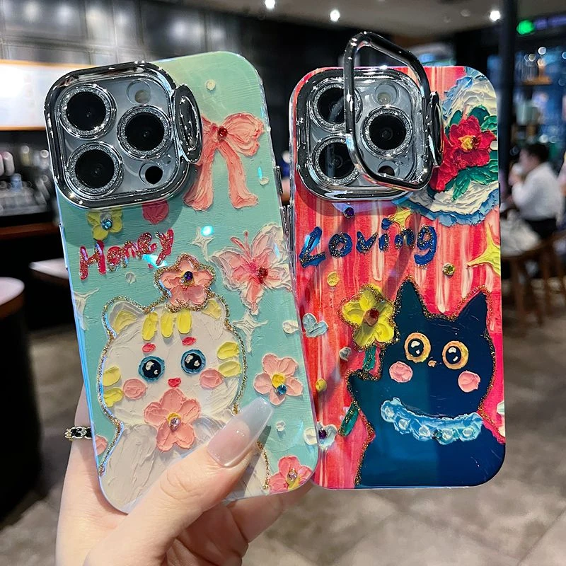 适用苹果系列iPhone15新款手机壳花朵黑猫镜头隐形支架全包防摔14