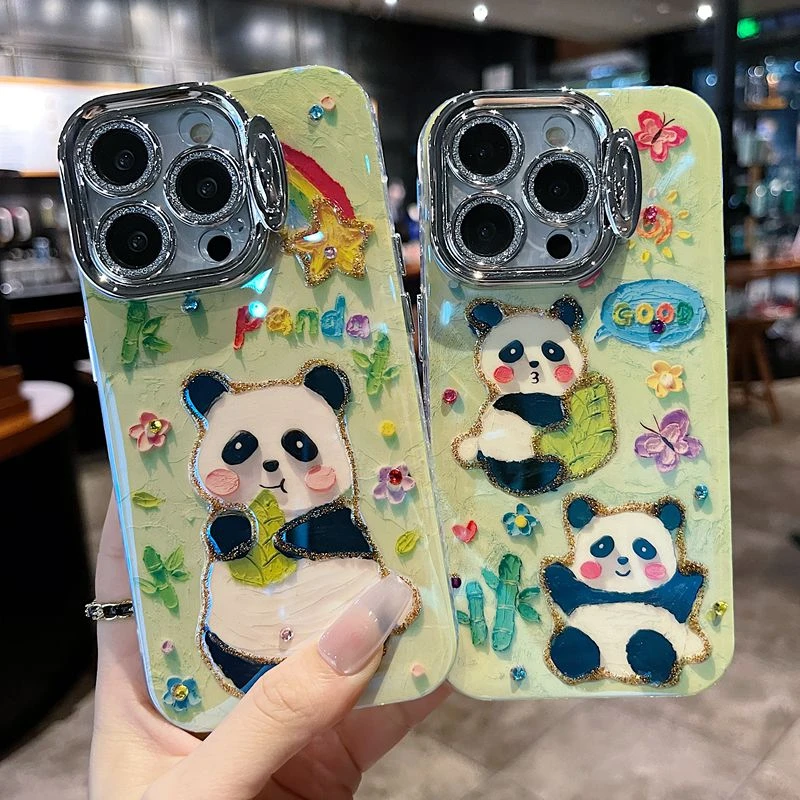 适用苹果系列iPhone15新款手机壳可爱竹小熊猫镜头隐形支架全包14