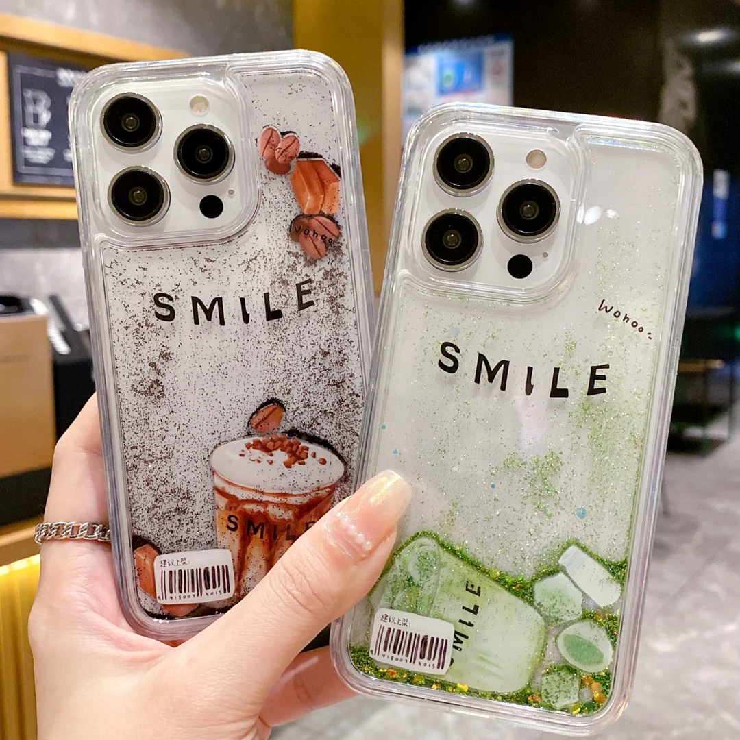 适用苹果系列iPhone14新款手机壳字母smile流沙滑片焦糖抹茶奶茶