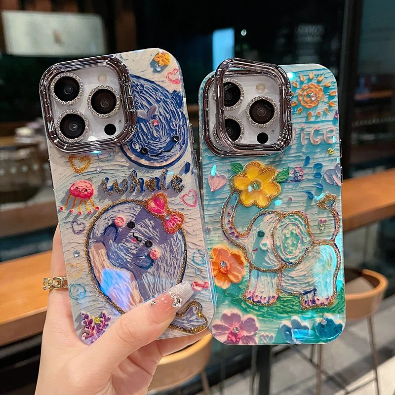 适用苹果系列iPhone16新款手机壳大孔支架镜框升级卡通happy鲸鱼