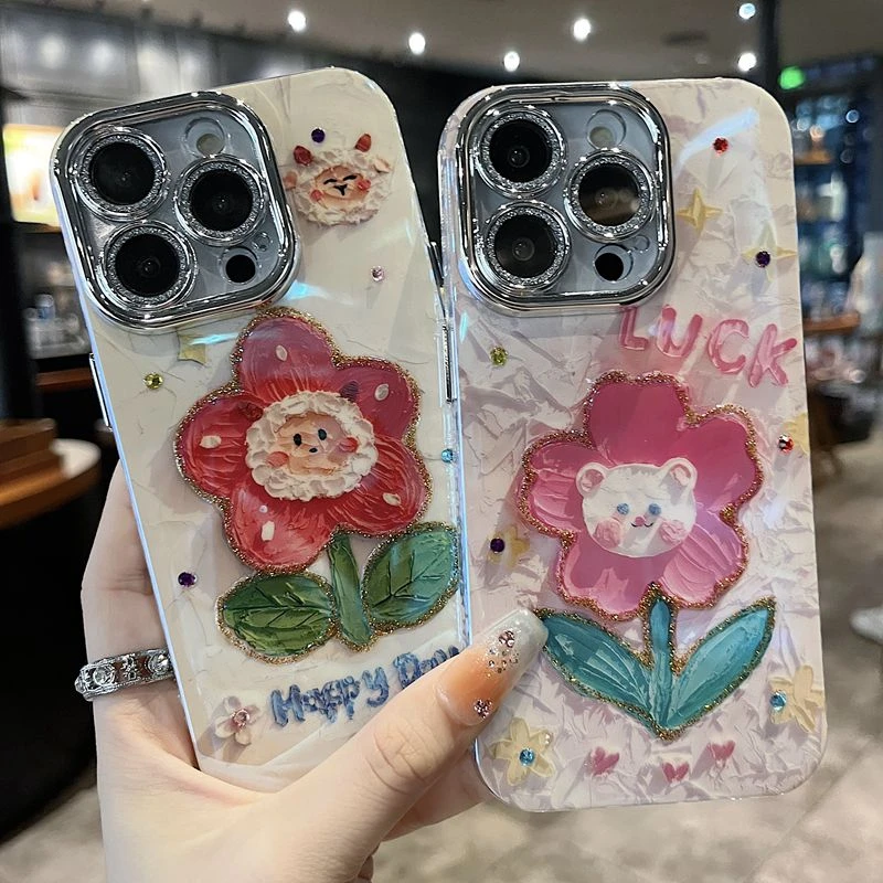 适用苹果华为系列iPhone15新款手机壳可爱卡通小熊头花朵全包防摔