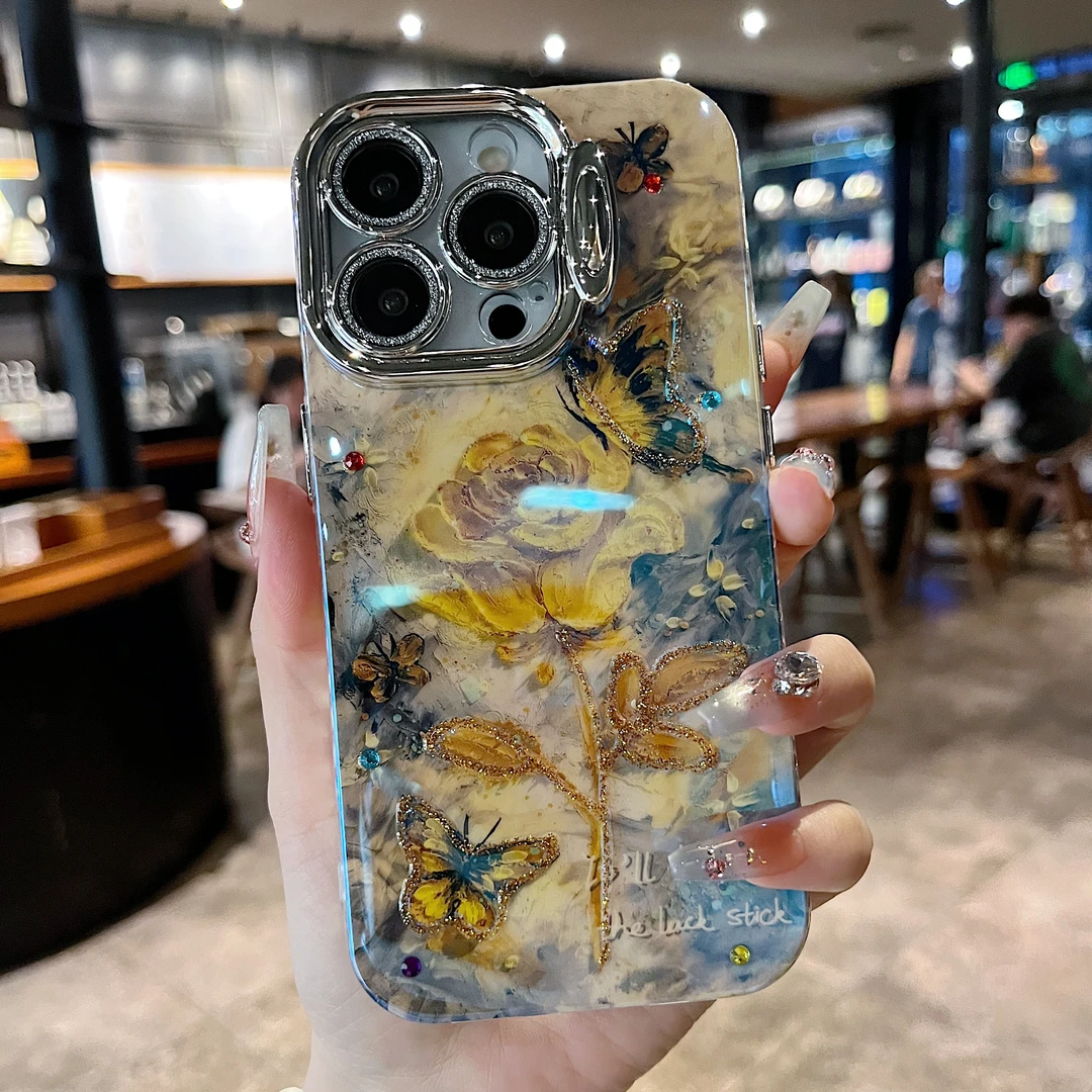 适用苹果系列iPhone15新款手机壳油画黄玫瑰隐形支架全包镜头膜