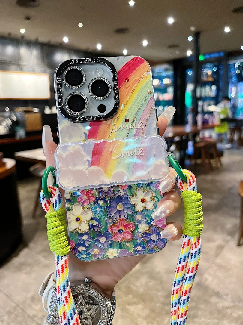 适用苹果系列iPhone15新款手机网红女款创意彩虹花海背夹全包防摔