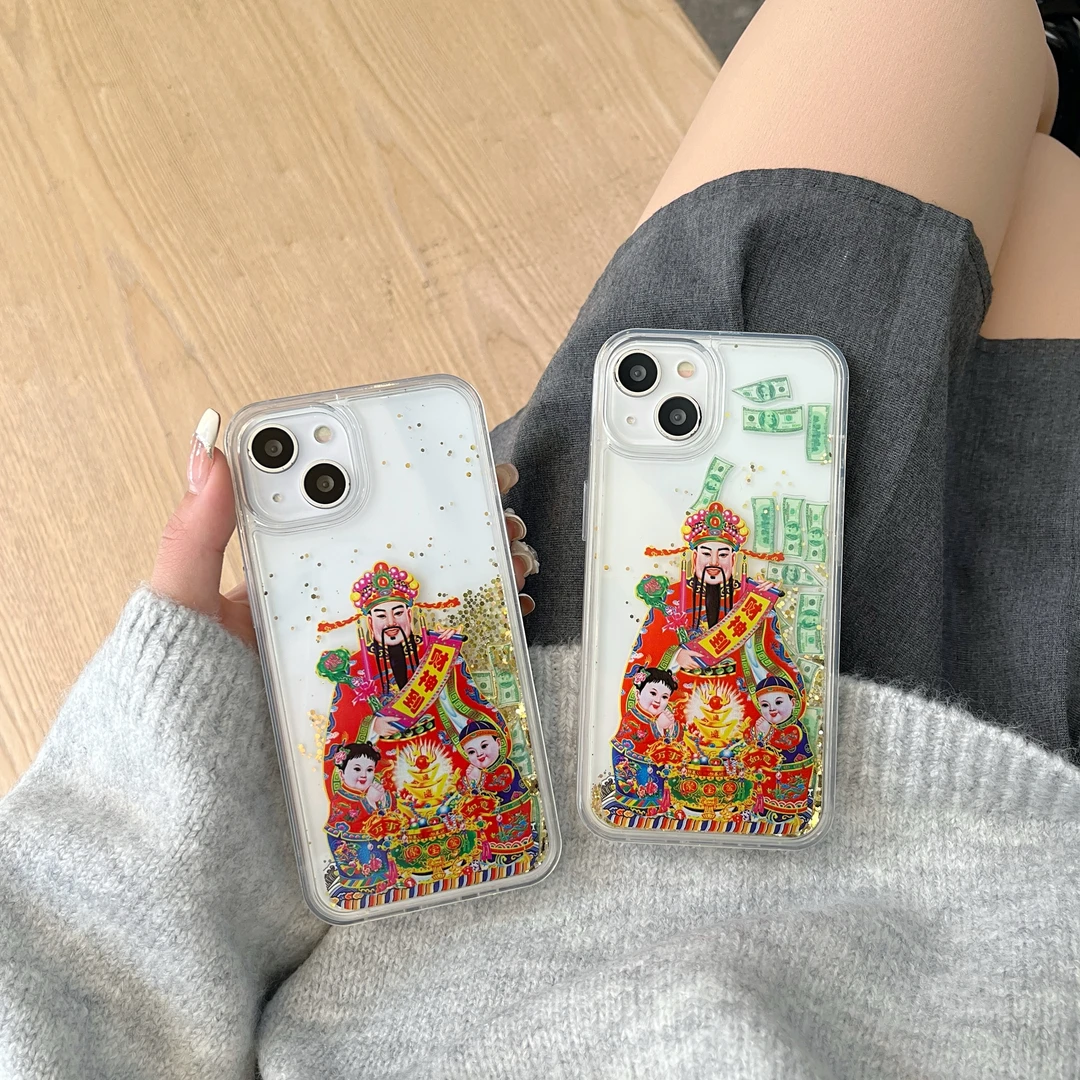 适用苹果系列iPhone15新款透明手机壳14/13/12流动创意新年财神到