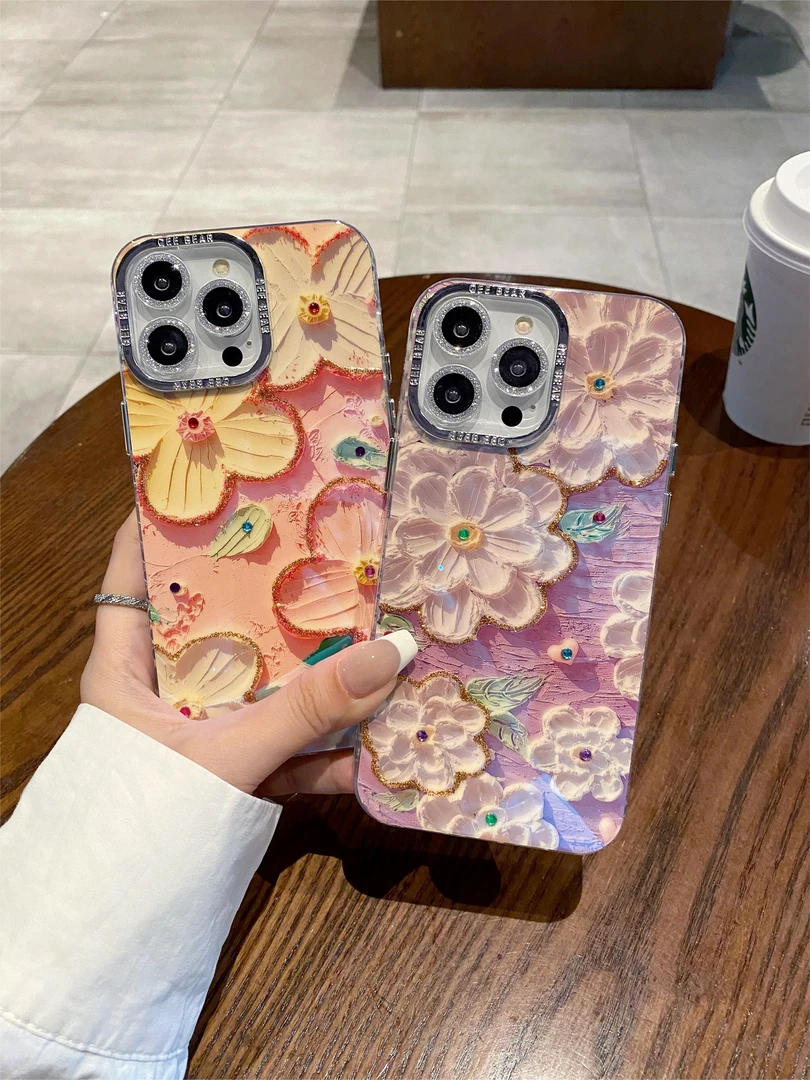 适用苹果系列iPhone15新款手机壳全包带膜气质油画花防摔14/13/12