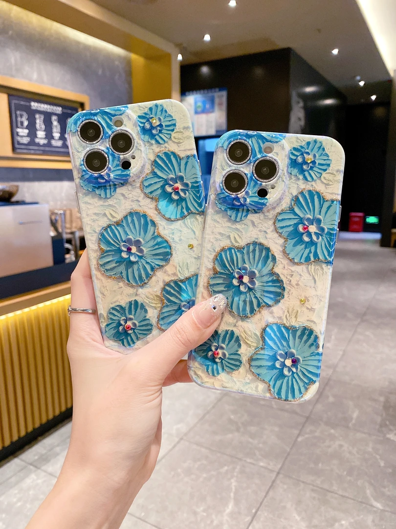 适用苹果系列iPhone15新款手机壳薄蓝绿草花防摔包镜头膜14/13/12