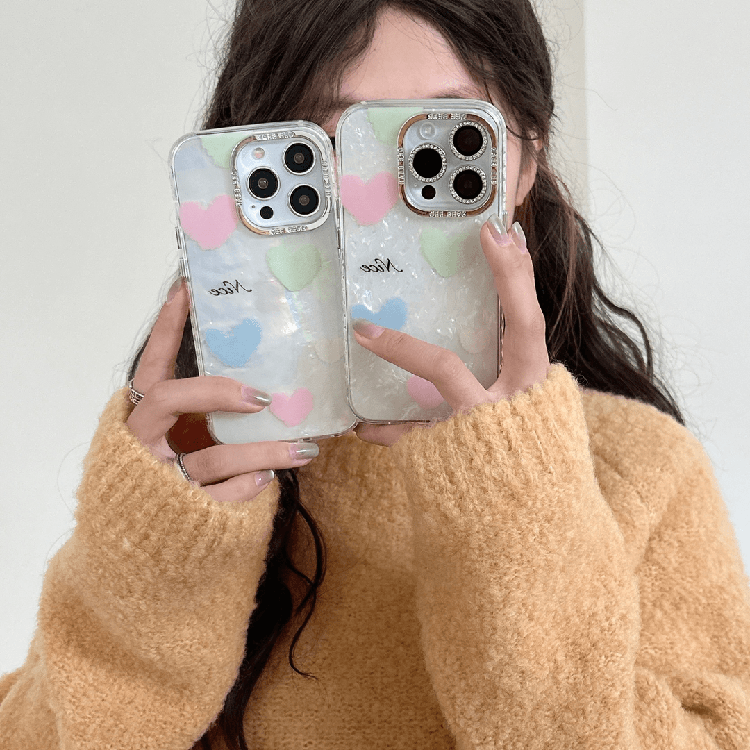 适用苹果系列iPhone15新款手机壳14/13少女贝壳纹爱心半包镜头膜