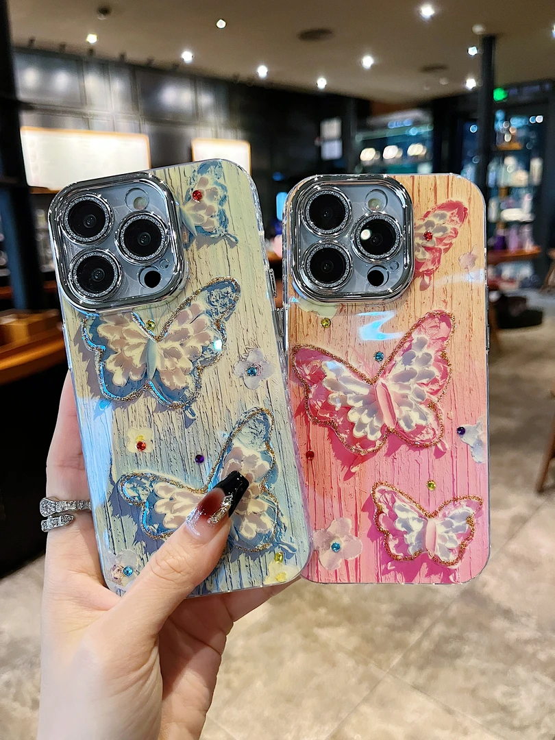 适用苹果华为系列iPhone15新款手机壳ins复古女款粉色蝴蝶14/13